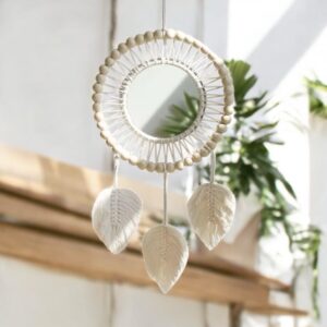 Boho Macramé Wall Mirror with Wooden Beads & Feather Tapestry – Handmade Hanging Decor - Image 3